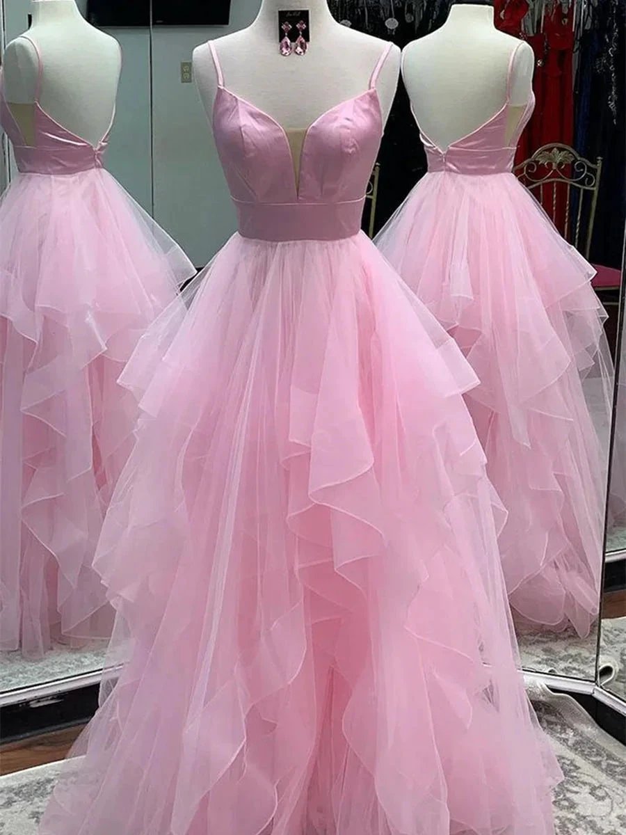 Princess V Neck Backless Long Fluffy Tulle Prom Dresses Backless Formal Evening Gowns by BIZTUNNEL