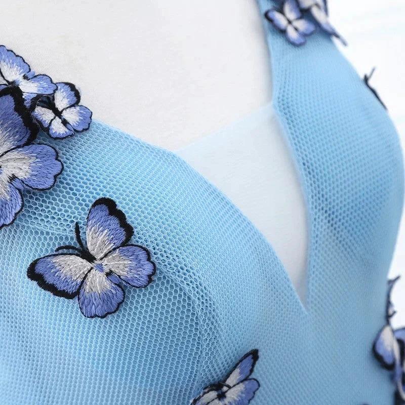Princess V Neck Chapel Train Chiffon Sky Blue Prom Dresses With Butterfly Applique by misshow.com