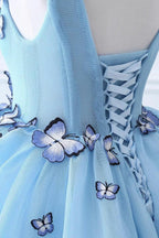 Princess V Neck Chapel Train Chiffon Sky Blue Prom Dresses With Butterfly Applique by misshow.com