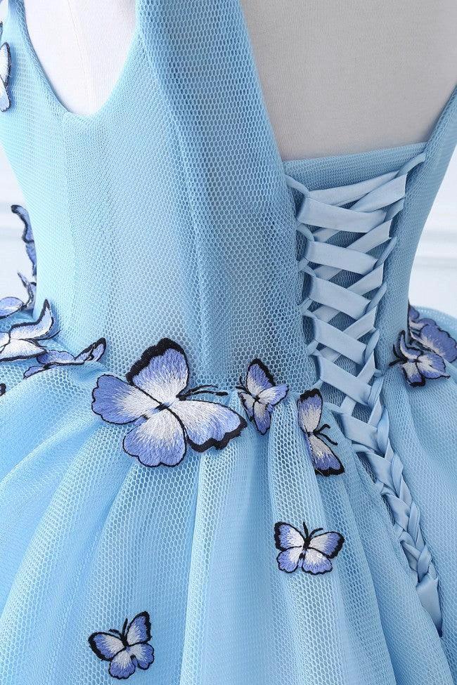 Princess V Neck Chapel Train Chiffon Sky Blue Prom Dresses With Butterfly Applique by misshow.com