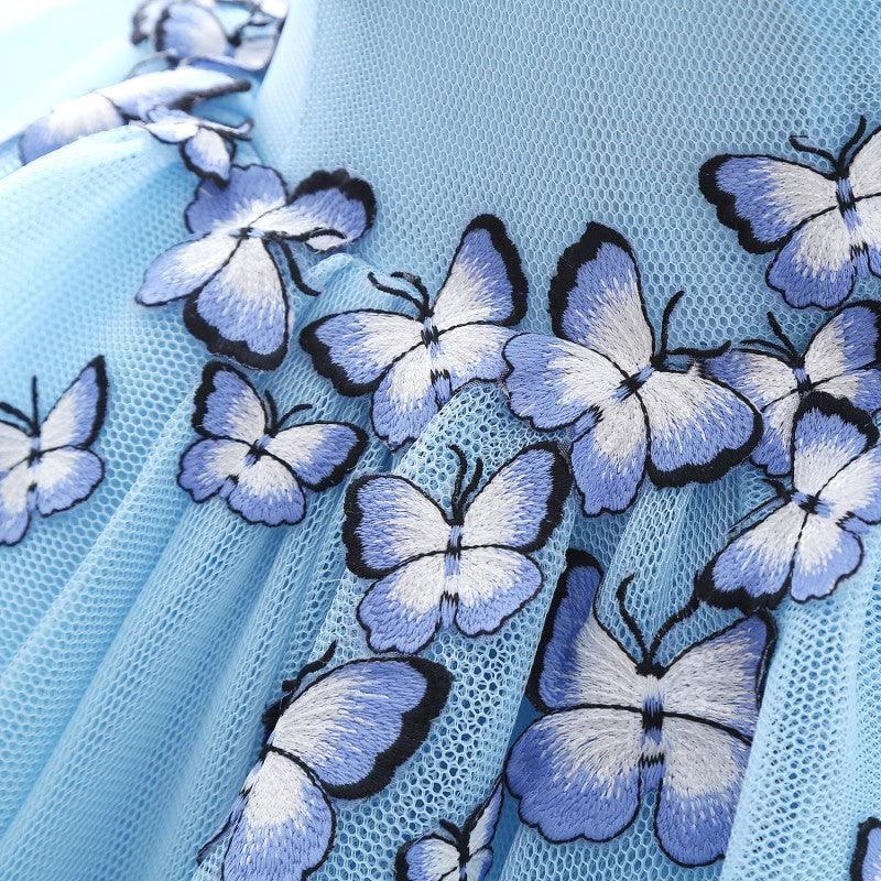 Princess V Neck Chapel Train Chiffon Sky Blue Prom Dresses With Butterfly Applique by misshow.com