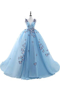Princess V Neck Chapel Train Chiffon Sky Blue Prom Dresses With Butterfly Applique by misshow.com