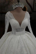 Princess V-neck Glitter A-line Wedding Dresses With Sleeves by misshow.com