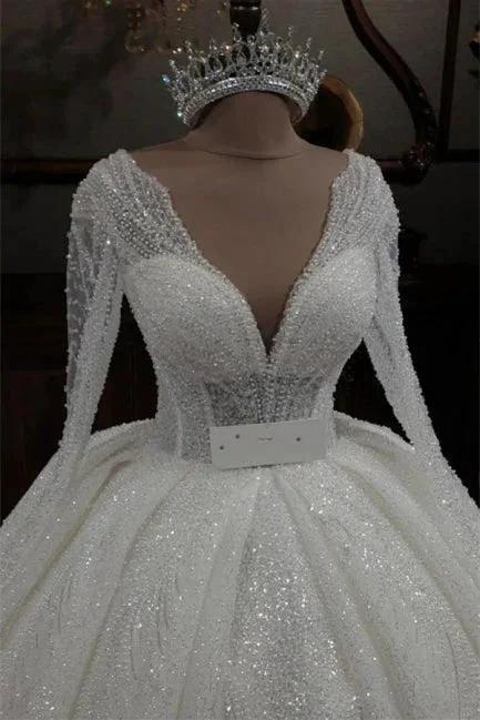 Princess V-neck Glitter A-line Wedding Dresses With Sleeves by misshow.com