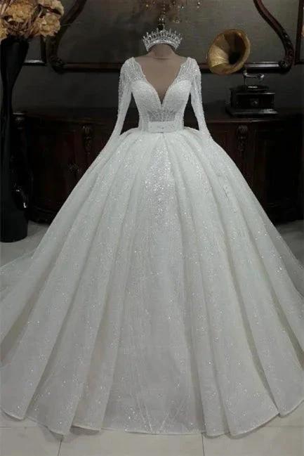Princess V-neck Glitter A-line Wedding Dresses With Sleeves by misshow.com