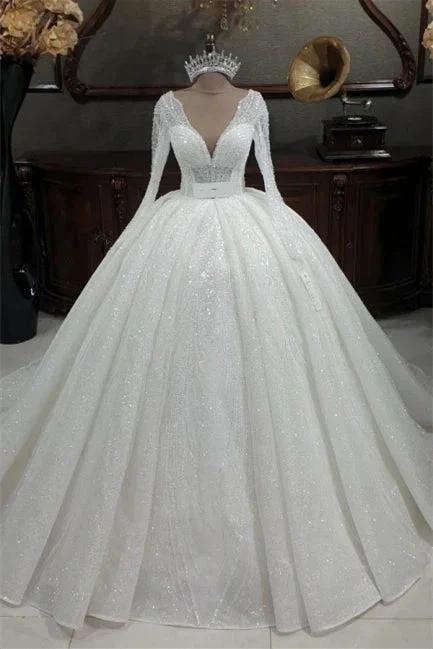 Princess V-neck Glitter A-line Wedding Dresses With Sleeves by misshow.com