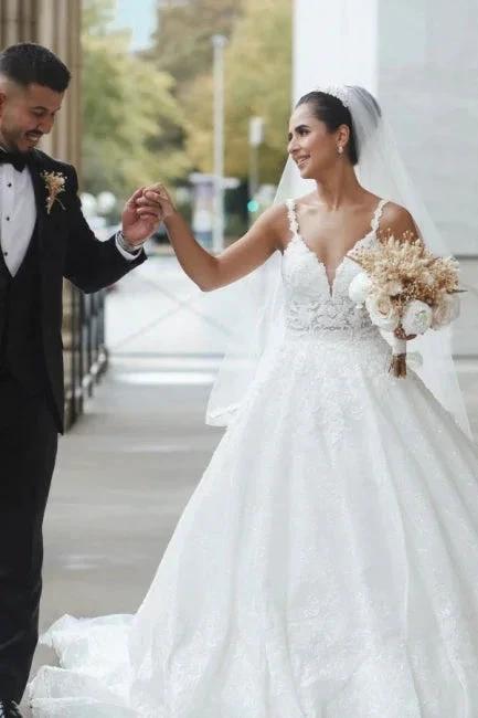 Princess White A-line V-neck Sleeveless Wedding Dresses With Lace by misshow.com