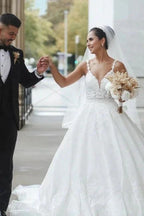Princess White A-line V-neck Sleeveless Wedding Dresses With Lace by misshow.com