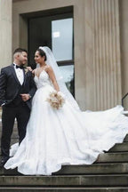 Princess White A-line V-neck Sleeveless Wedding Dresses With Lace by misshow.com