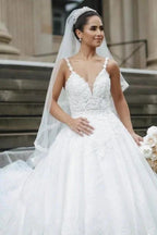Princess White A-line V-neck Sleeveless Wedding Dresses With Lace by misshow.com