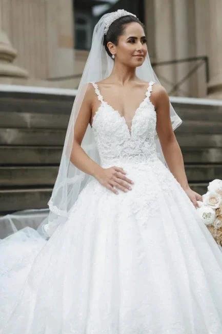 Princess White A-line V-neck Sleeveless Wedding Dresses With Lace by misshow.com