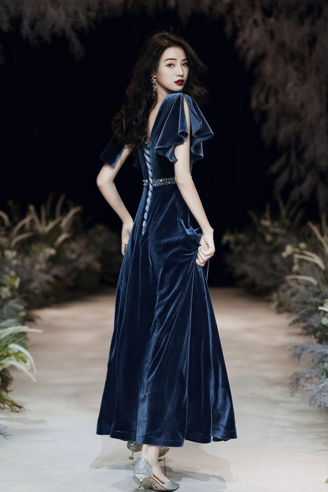 Blue evening dress custom made elegant dress sexy prom dress velvet dress custom made Y1172 Main Image