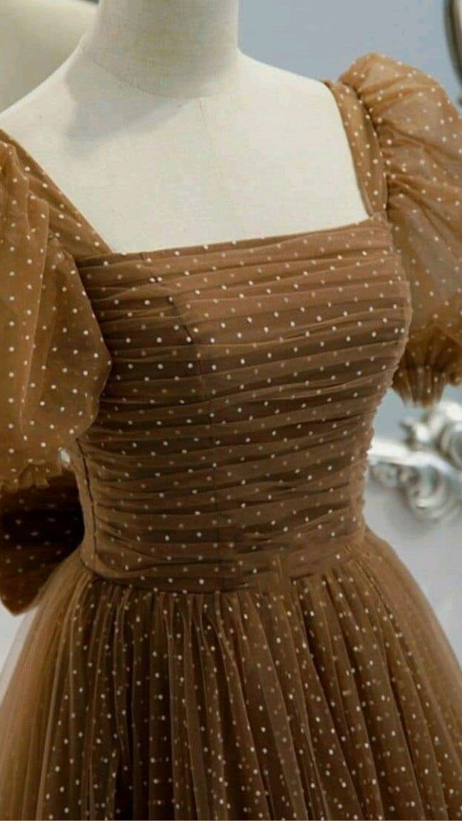 Beautiful Prom Dress New Brown Evening Dress Elegant Collar Puff Sleeve A-line Floor-length Point Prom Formal Gowns  Y1174 Main Image