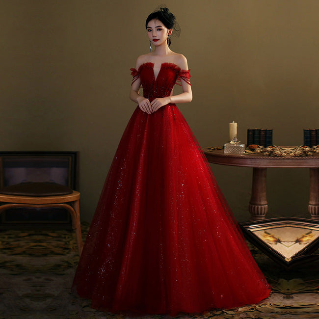Red tulle sequins long prom dress red evening gown Y1179 Main Image
