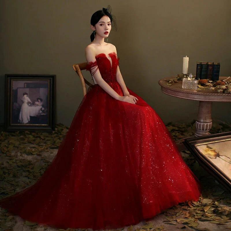 Red tulle sequins long prom dress red evening gown Y1179 by simplepromdress