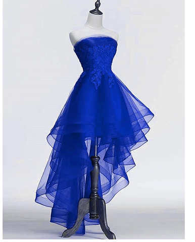 Royal Blue Tulle with Lace Applique High Low Party Dress Blue Homecoming Dress Y671
