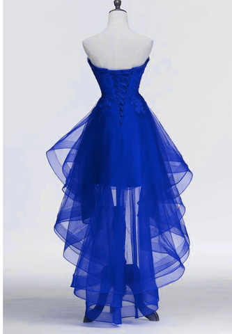 Royal Blue Tulle with Lace Applique High Low Party Dress Blue Homecoming Dress Y671
