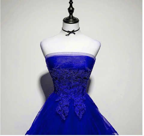 Royal Blue Tulle with Lace Applique High Low Party Dress Blue Homecoming Dress Y671