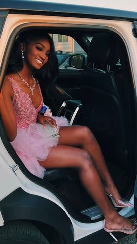 Cute V Neck Pink Short Homecoming Dress and Bottom Tulle Ruffles Pink Birthday Outfit Dress  Y762