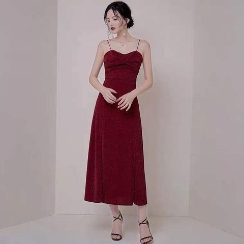 Wine red party dress spaghetti straps evening dress high slit prom dress backless formal dress custom made Y1140