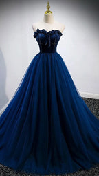 Strapless Blue A-line Prom Dress Elegant Evening Gown Y839