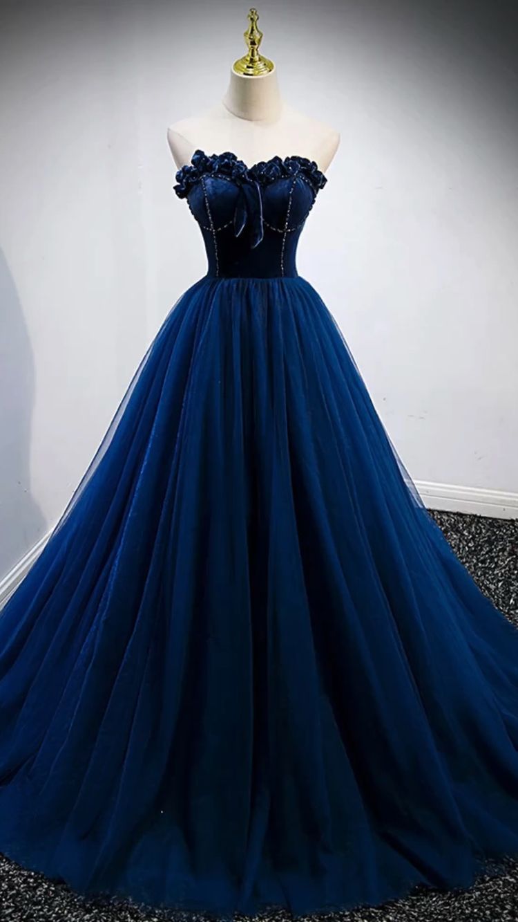 Strapless Blue A-line Prom Dress Elegant Evening Gown Y839