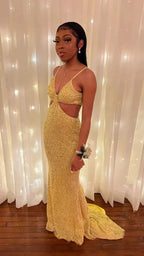 Sparkly Gold Sleeveless Mermaid Evening Dress Sexy Prom Dress For Black Girls Y813 by simplepromdress