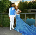 Blue Sequins Long Evening Dress With Train Sexy Prom Gown For Black Girls Y846 by simplepromdress