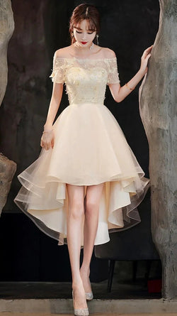 Champagne tulle high low prom dress champagne evening dress Y983 by simplepromdress