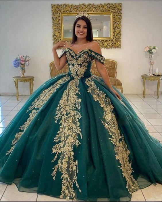Dark Green Sweet 15 Quinceanera Dresses with Gold Applique Sequin Ball Gown Sweep Train Y962 by simplepromdress