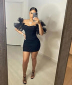 Women Sexy Puff Sleeve Ruffles Dress Mesh Off Shoulder Mini Party Dress Short Black Homecoming Dress Y786 by simplepromdress