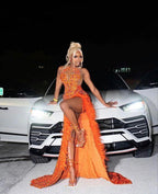 Sexy Orange Sleeveless Evening Dress With High Slit, Luxury Evening Gown Y998 by simplepromdress