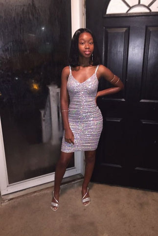 Hermoso vestido de fiesta con escote en V y lentejuelas blancas, vestido de cóctel corto para regreso a casa Y830