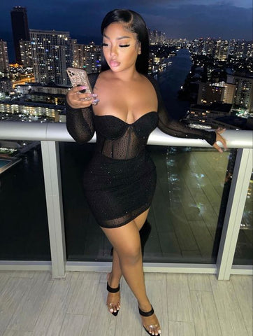 Schwarzes, langärmliges, figurbetontes Kleid, sexy Cocktailkleid, Mini-Heimkehrkleid Y837