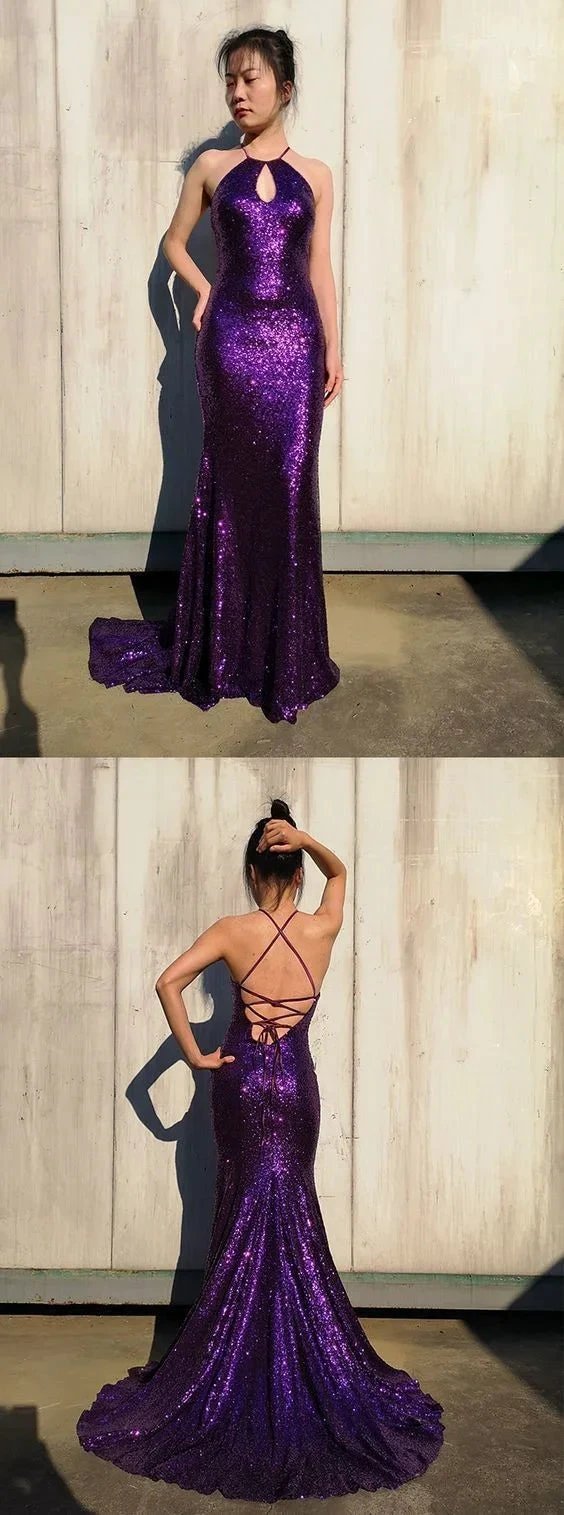 Sparkly Gorgeous Mermaid Jewel Purple Keyhole Sequined Long Prom Dress Glitter Evening Dress Y1038 by simplepromdress