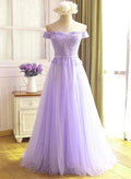 A-line Tulle Light Purple Off Shoulder Long Prom Dress Lace Applique Evening Dress Y918 by simplepromdress