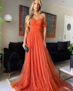Elegant Off The Shoulder Orange Tulle Long Evening Dresses Y1059 by simplepromdress