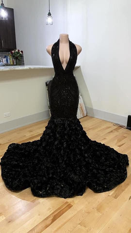 Vestido de noche negro de sirena con cuello halter y flores 3D, vestido formal sexy Y982