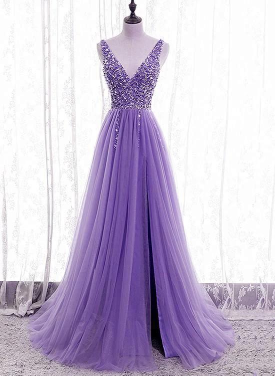 Purple Beaded V-neckline Tulle Sparkle Party Dress Evening Dress Purple Tulle Prom Dress Y1008 by simplepromdress