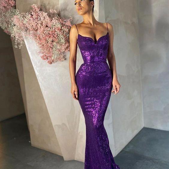 Purple Spaghetti Straps Sequin Long Evening Dresses Y994 by simplepromdress