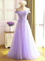 A-line Tulle Light Purple Off Shoulder Long Prom Dress Lace Applique Evening Dress Y918