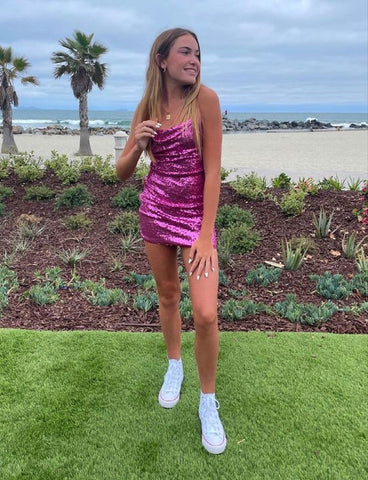 Cute Fuchsia Sequins Tight Dress Sexy Mini Homecoming Dress Y1065