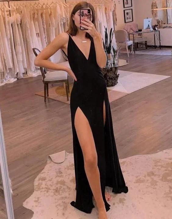 Simple Black Long Prom Dress Side Split Evening Dress Y1017 by simplepromdress
