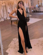 Simple Black Long Prom Dress Side Split Evening Dress Y1017 by simplepromdress