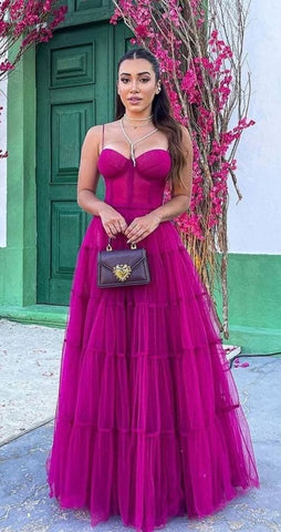 A-line Spaghetti Straps Tulle Prom Dress Elegant Evening Dress Y1073