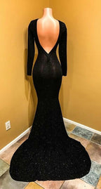 Long black sequin prom dresses long sparkly mermaid open back evening dresses with train Y841