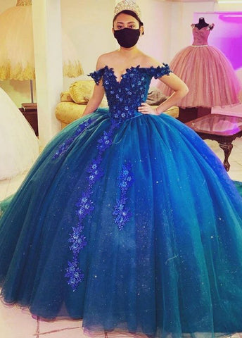 Elegante vestido de fiesta azul con hombros descubiertos, vestido de princesa Y1085