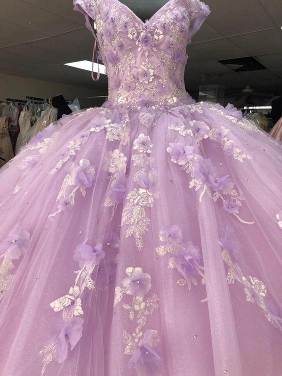 Romantic 3D Floral Dress Off The Shoulder Ball Gown Sweet 16 Dress Princess Dress Y902 by simplepromdress