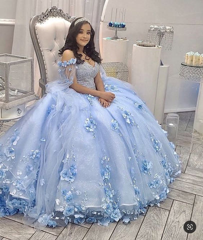 Vestido de quinceañera azul claro con hombros descubiertos, flores 3D, cuentas, hinchado, princesa, para fiesta de dulces 16, vestido de baile azul claro Y1088