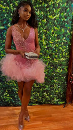 Cute V Neck Pink Short Homecoming Dress and Bottom Tulle Ruffles Pink Birthday Outfit Dress Y762 by simplepromdress